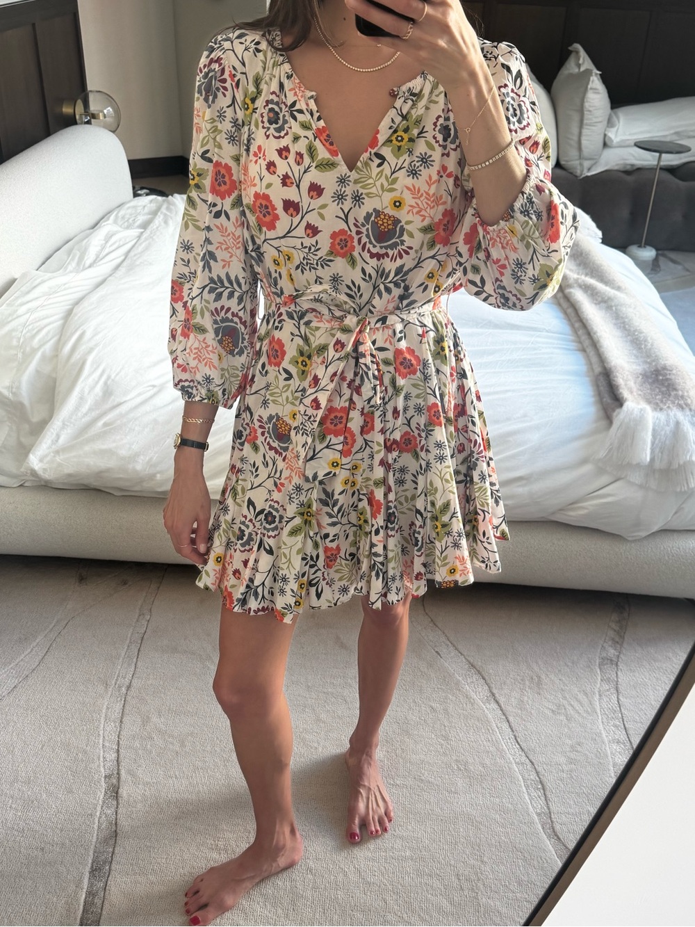 Velvet White Floral Tie-Waist Mini Dress